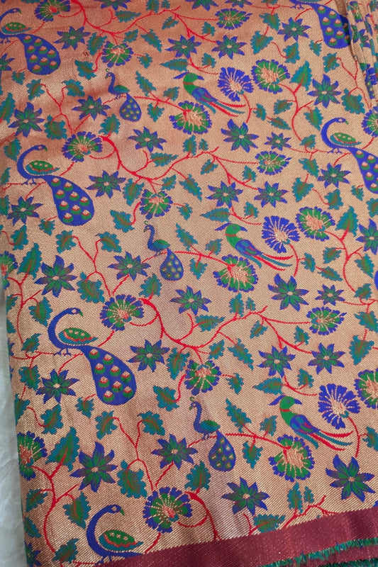 Red Gold Zari Woven With Mor Popat & All Over Floral Jaal Pithani Fabric