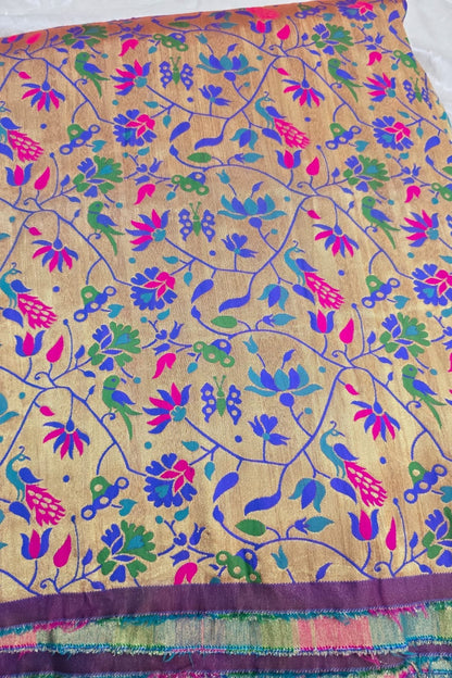 Blue & Gold All Over Jaal With Mor Popat Woven Paithani Fabric