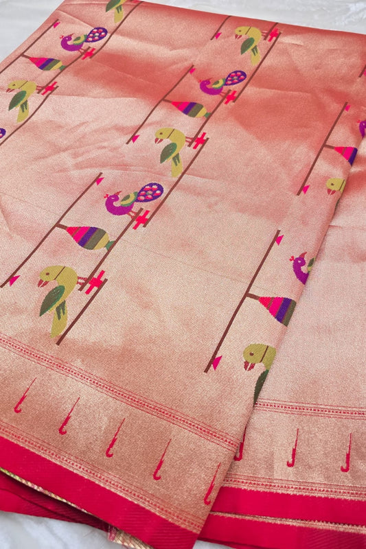 Red Gold Traditional Paithani Fabric With Peacock, Parrots & Muniya Border