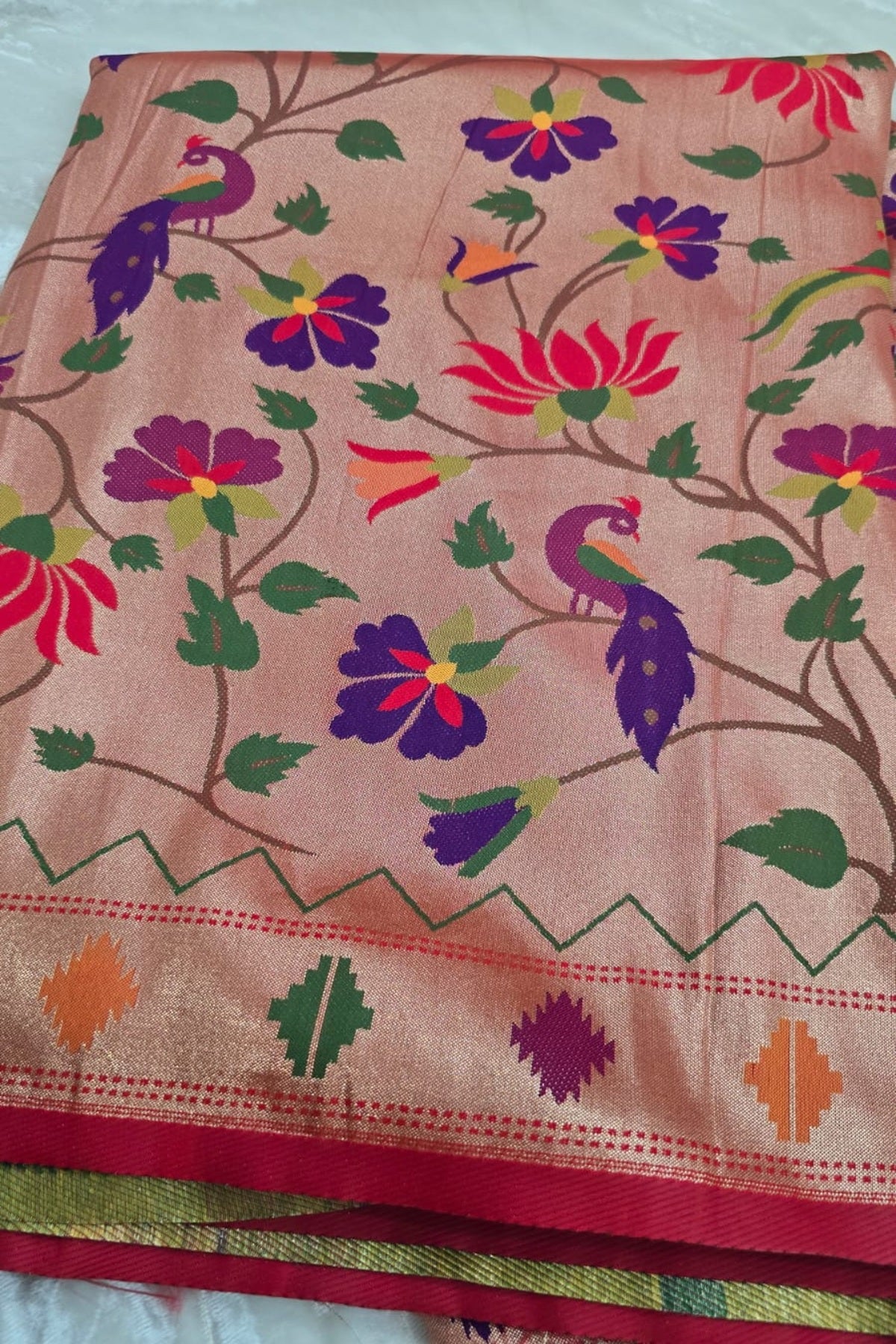 Red Gold Floral Jaal With Birds Geometric Border Paithani Fabric