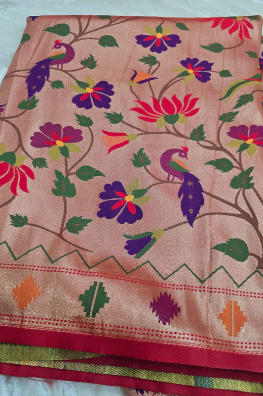 Red Gold Floral Jaal With Birds Geometric Border Paithani Fabric