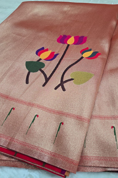 Red Gold Lotus Flowers With Single Muniya Border Paithani Fabric