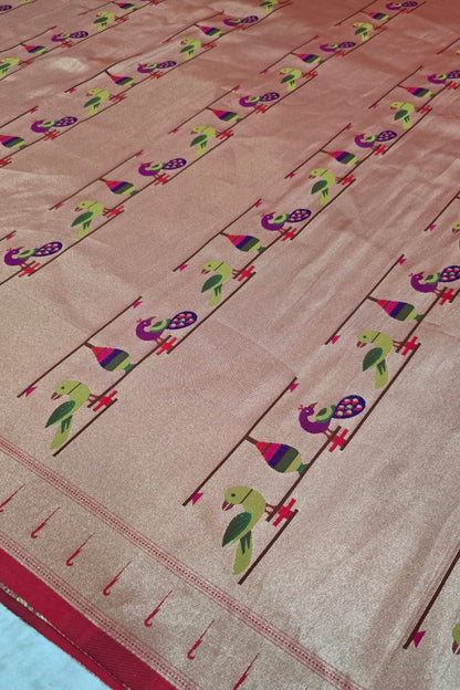 Red Gold Traditional Paithani Fabric With Peacock, Parrots & Muniya Border