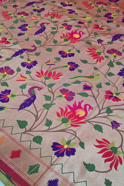 Red Gold Floral Jaal With Birds Geometric Border Paithani Fabric