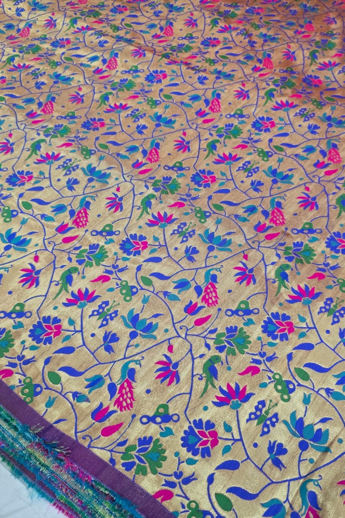 Blue & Gold All Over Jaal With Mor Popat Woven Paithani Fabric