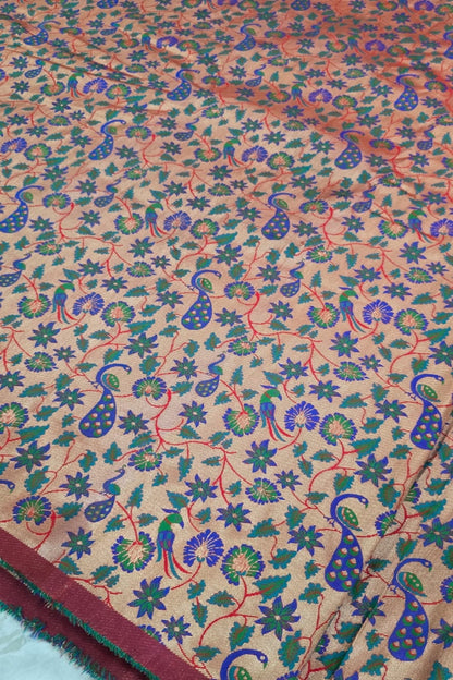 Red Gold Zari Woven With Mor Popat & All Over Floral Jaal Pithani Fabric