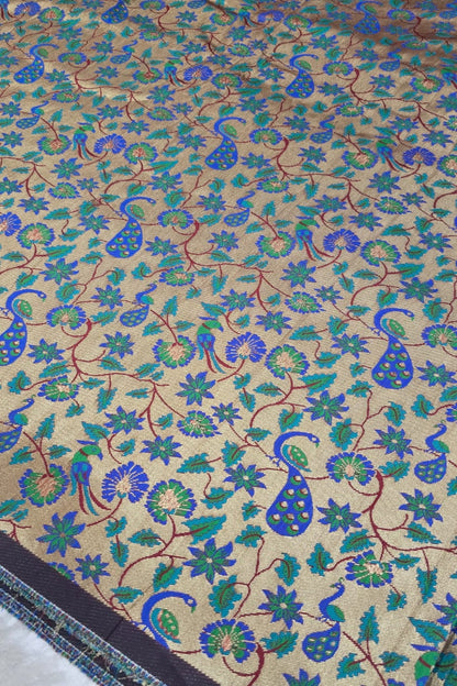 Navy Blue Antiq Gold All Over Jaal With Mor Poppot Woven Paithani Fabric