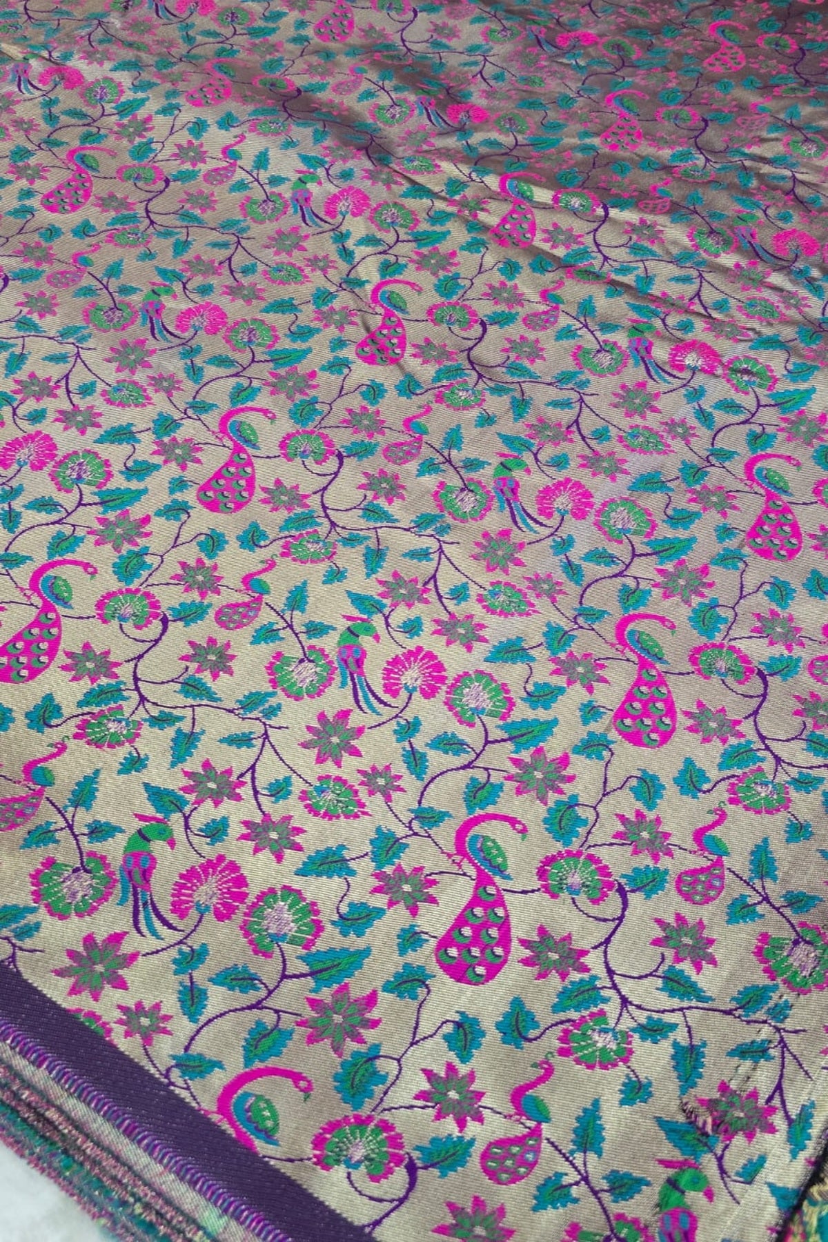 Purple Antiq Gold All Over Jaal With Mor Popat & Floral Woven Paithani Fabric