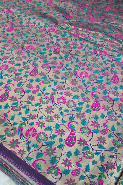 Purple Antiq Gold All Over Jaal With Mor Popat & Floral Woven Paithani Fabric