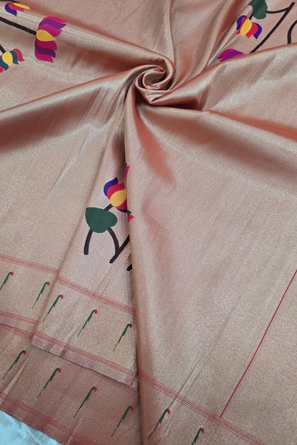 Red Gold Lotus Flowers With Single Muniya Border Paithani Fabric