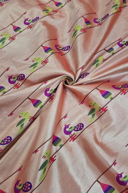Red Gold Traditional Paithani Fabric With Peacock, Parrots & Muniya Border