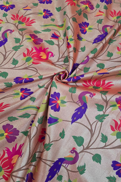 Red Gold Floral Jaal With Birds Geometric Border Paithani Fabric