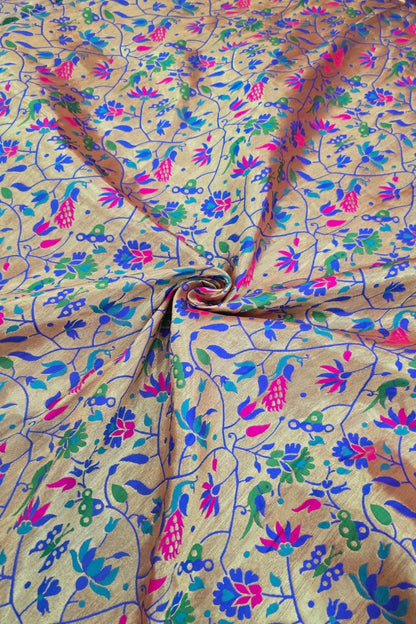 Blue & Gold All Over Jaal With Mor Popat Woven Paithani Fabric