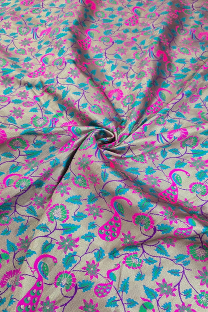 Purple Antiq Gold All Over Jaal With Mor Popat & Floral Woven Paithani Fabric