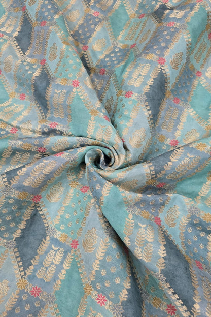 Gold & Meenakari Floral Woven Rangkat Printed Dola Silk Fabric