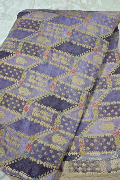 Gold & Meenakari Floral Woven Rangkat Printed Dola Silk Fabric