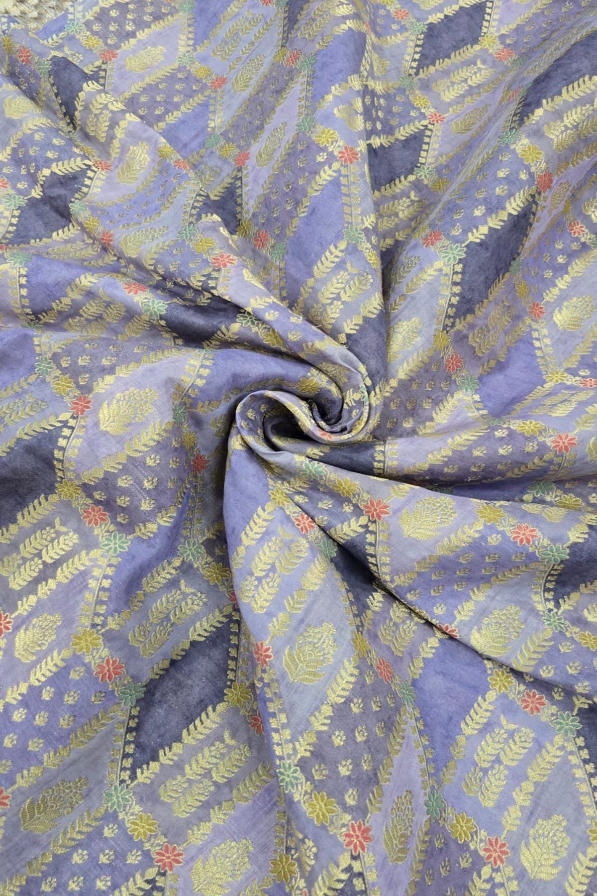 Gold & Meenakari Floral Woven Rangkat Printed Dola Silk Fabric