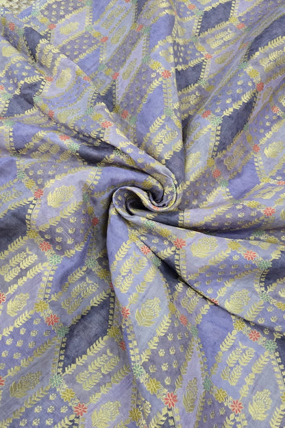 Gold & Meenakari Floral Woven Rangkat Printed Dola Silk Fabric