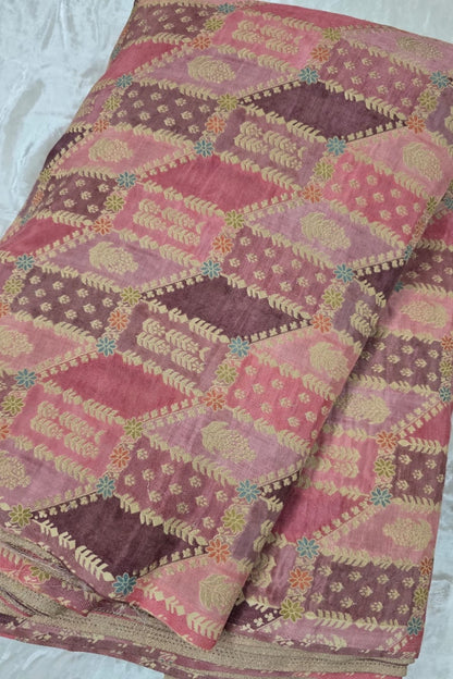 Gold & Meenakari Floral Woven Rangkat Printed Dola Silk Fabric
