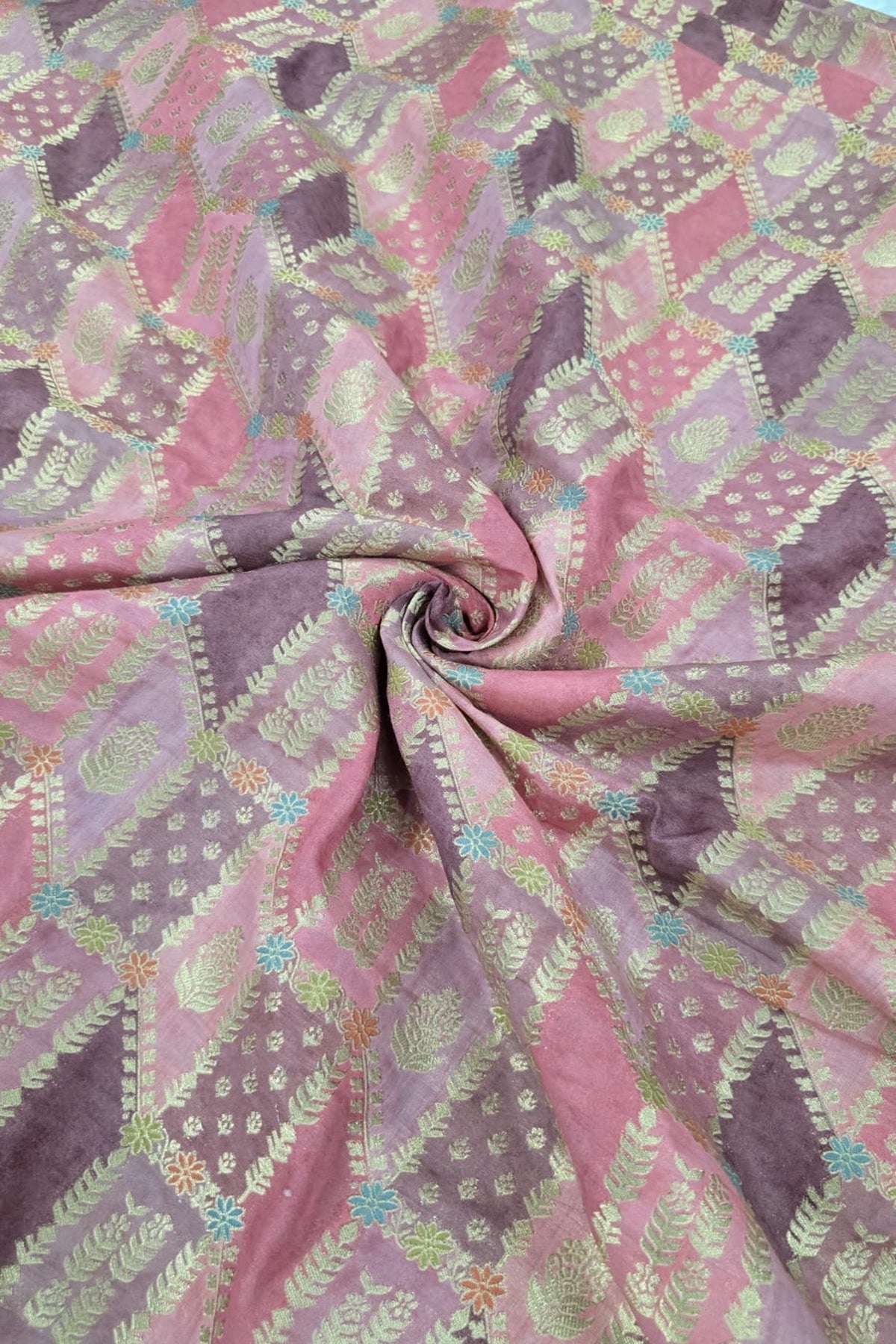 Gold & Meenakari Floral Woven Rangkat Printed Dola Silk Fabric