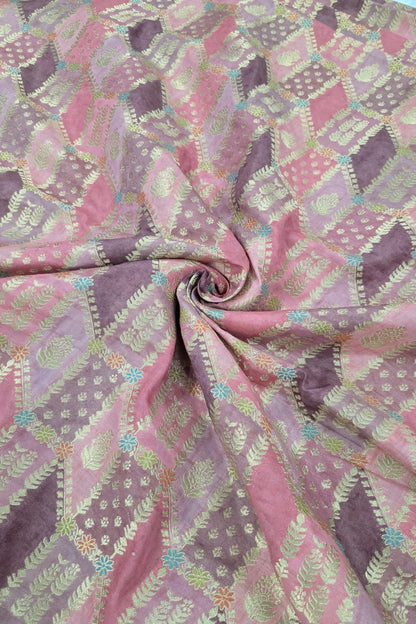 Gold & Meenakari Floral Woven Rangkat Printed Dola Silk Fabric