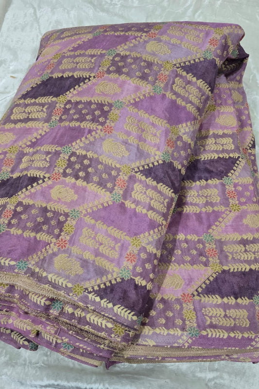 Gold & Meenakari Floral Woven Rangkat Printed Dola Silk Fabric