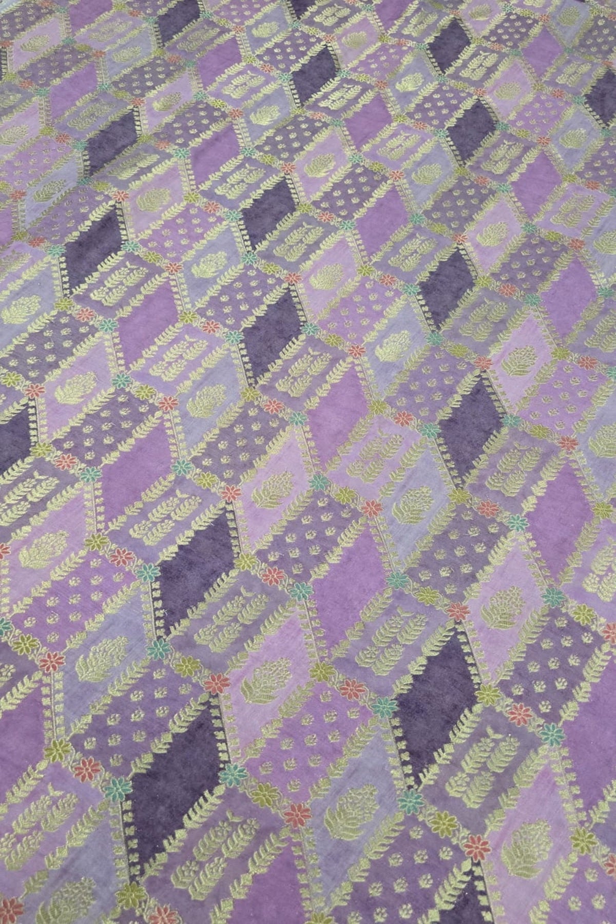 Gold & Meenakari Floral Woven Rangkat Printed Dola Silk Fabric