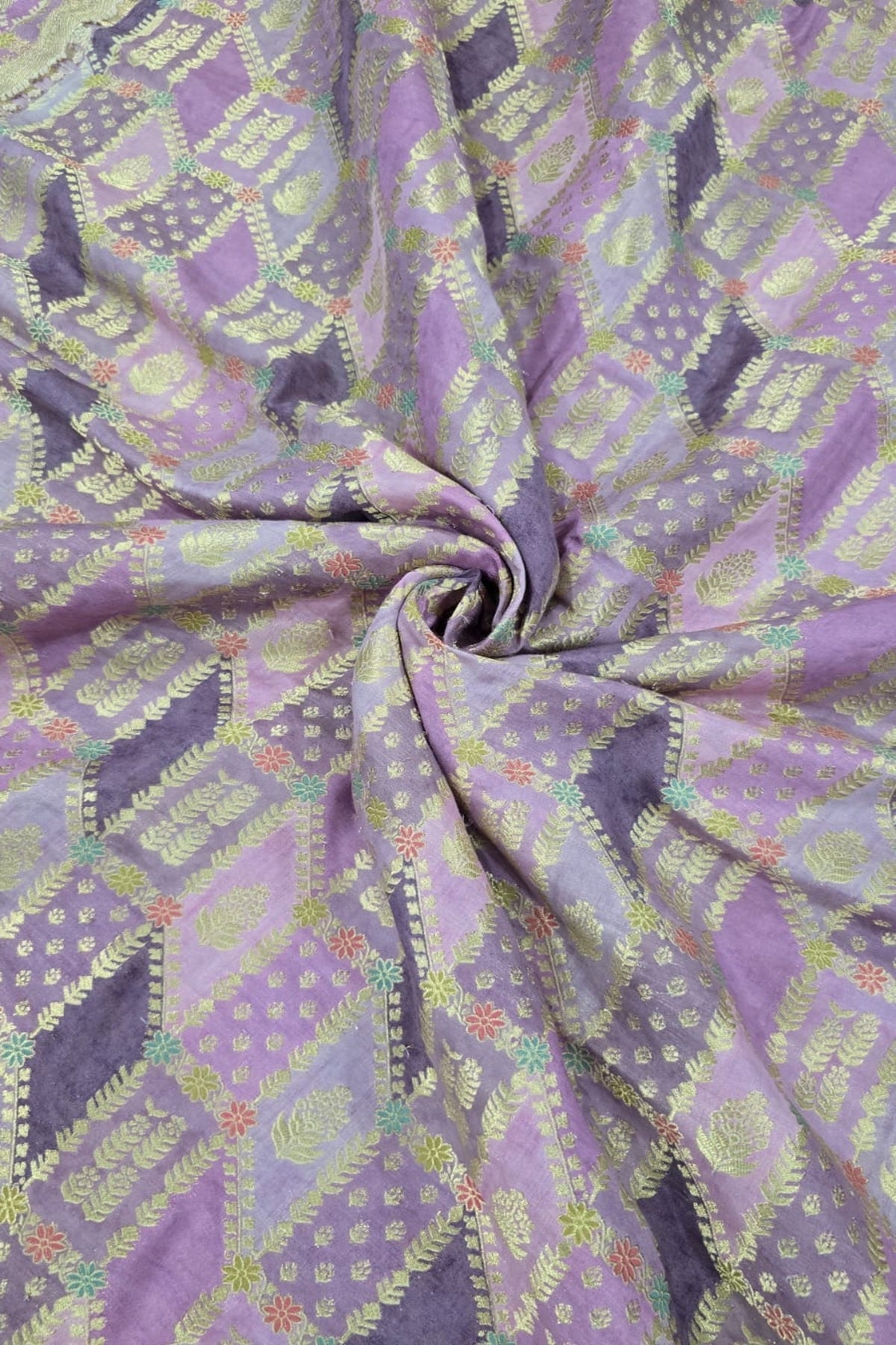 Gold & Meenakari Floral Woven Rangkat Printed Dola Silk Fabric