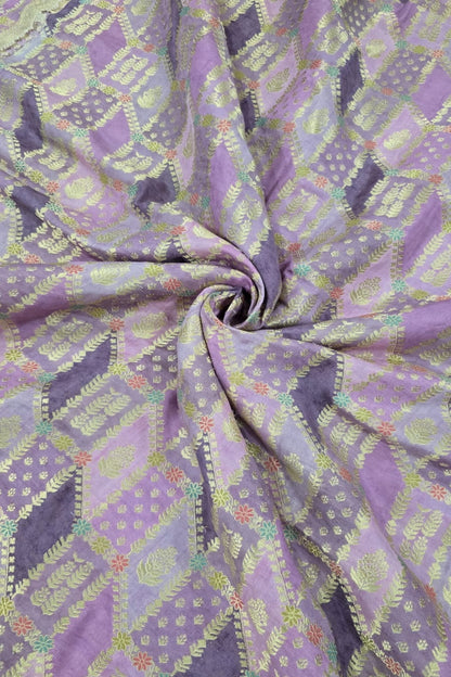 Gold & Meenakari Floral Woven Rangkat Printed Dola Silk Fabric