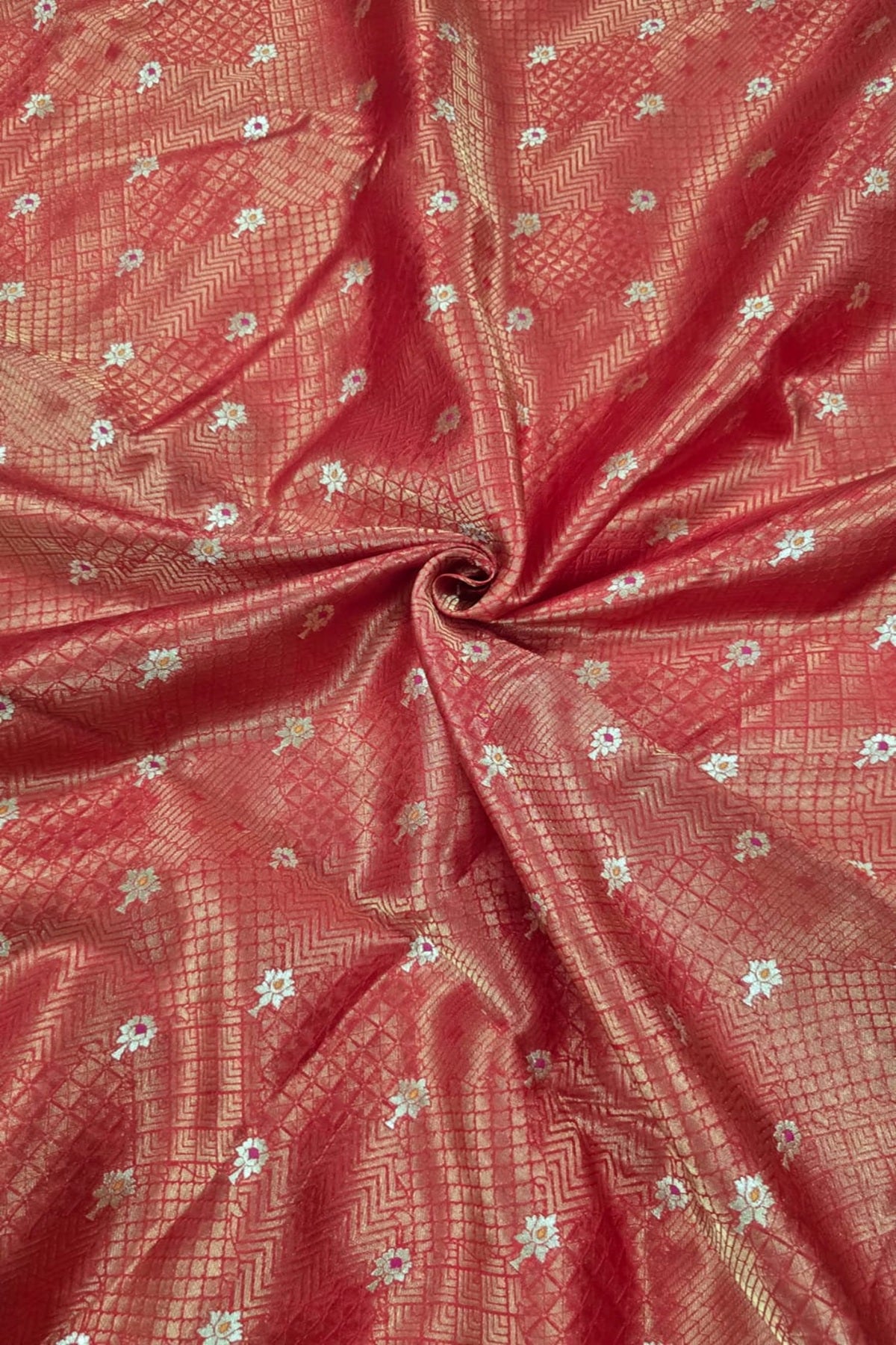 Pure Banaras Geometric Woven Tissue Fabric With Meenakari Motifs