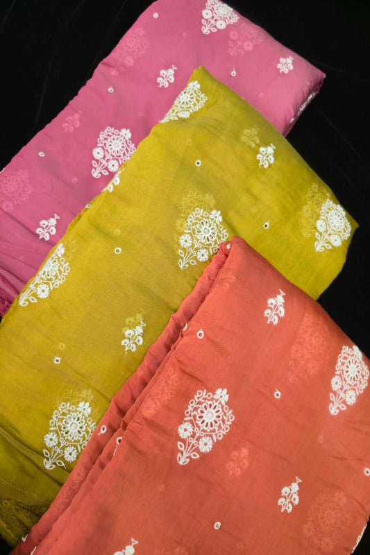 Corsage Floral Shiffli Embroidered Semi Mul Chanderi Fabric