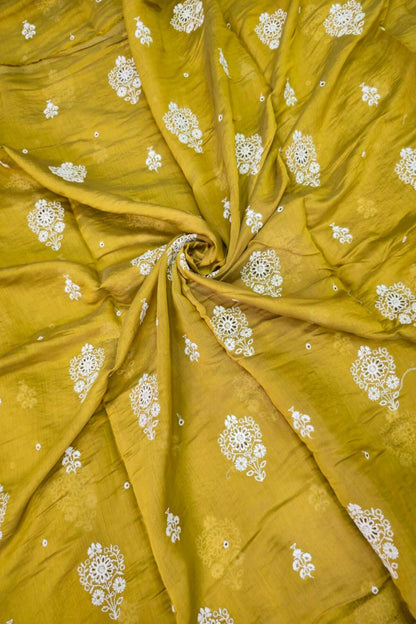 Corsage Floral Shiffli Embroidered Semi Mul Chanderi Fabric