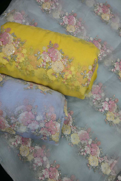 Sequin Trillium Floral Embroidered Pure Organza Fabric