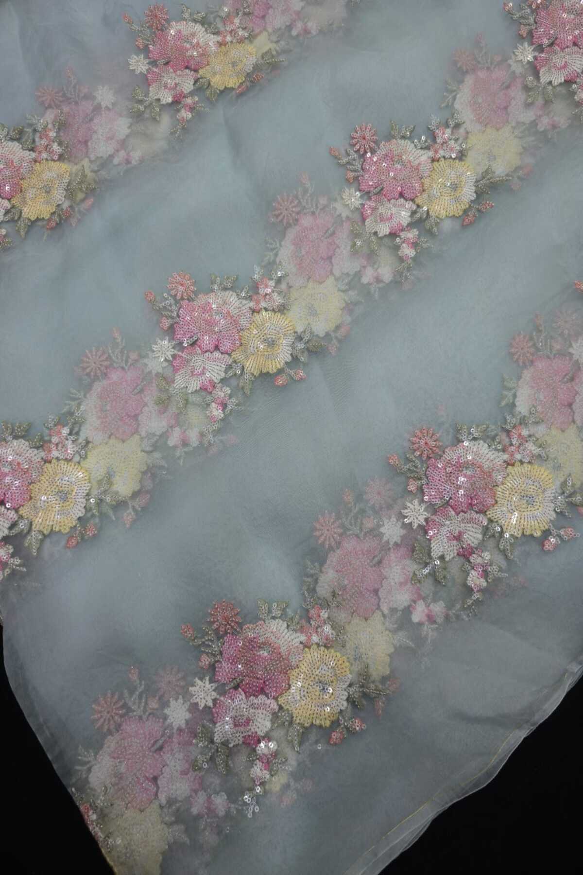 Sequin Trillium Floral Embroidered Pure Organza Fabric
