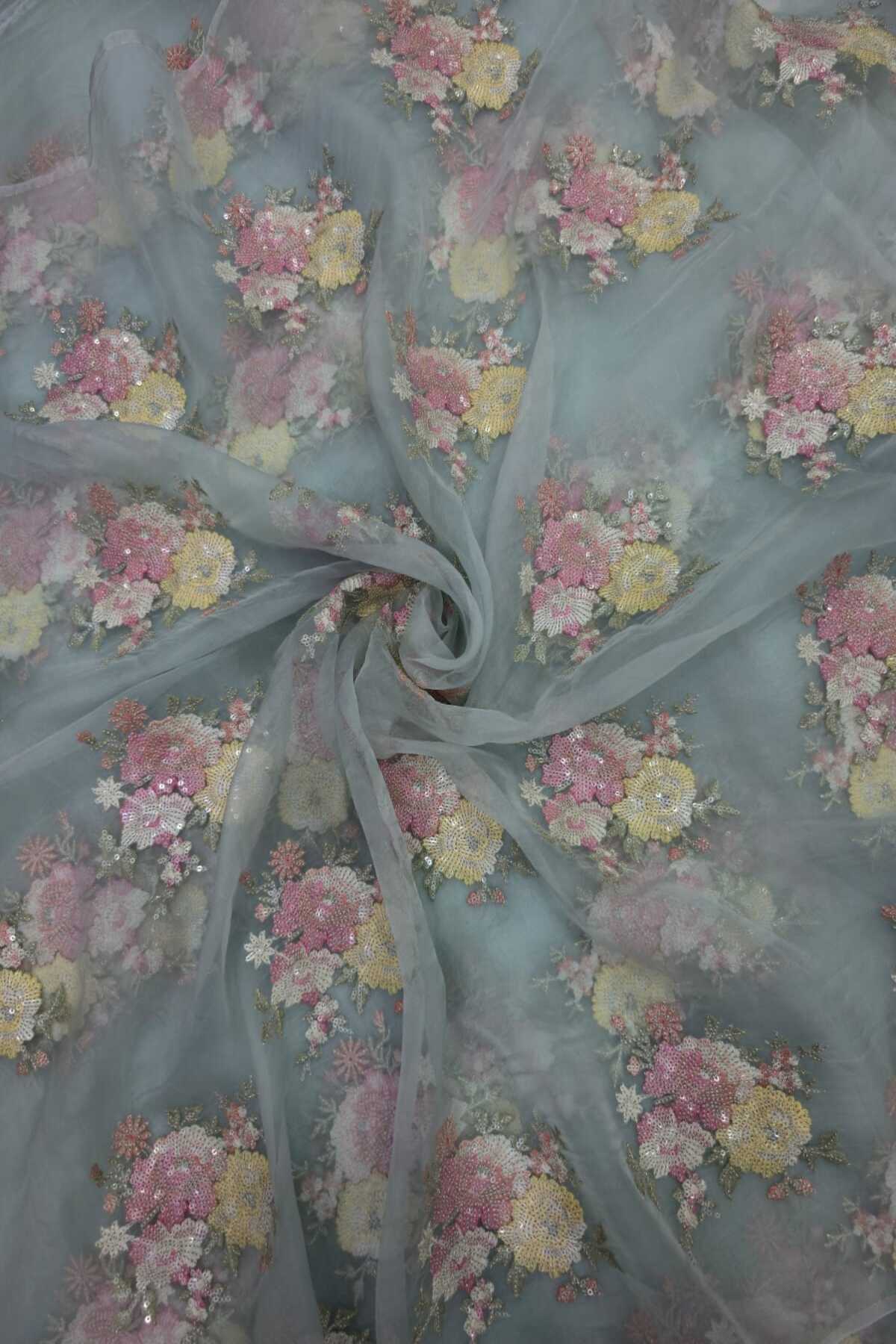 Sequin Trillium Floral Embroidered Pure Organza Fabric