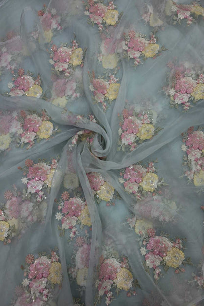 Sequin Trillium Floral Embroidered Pure Organza Fabric