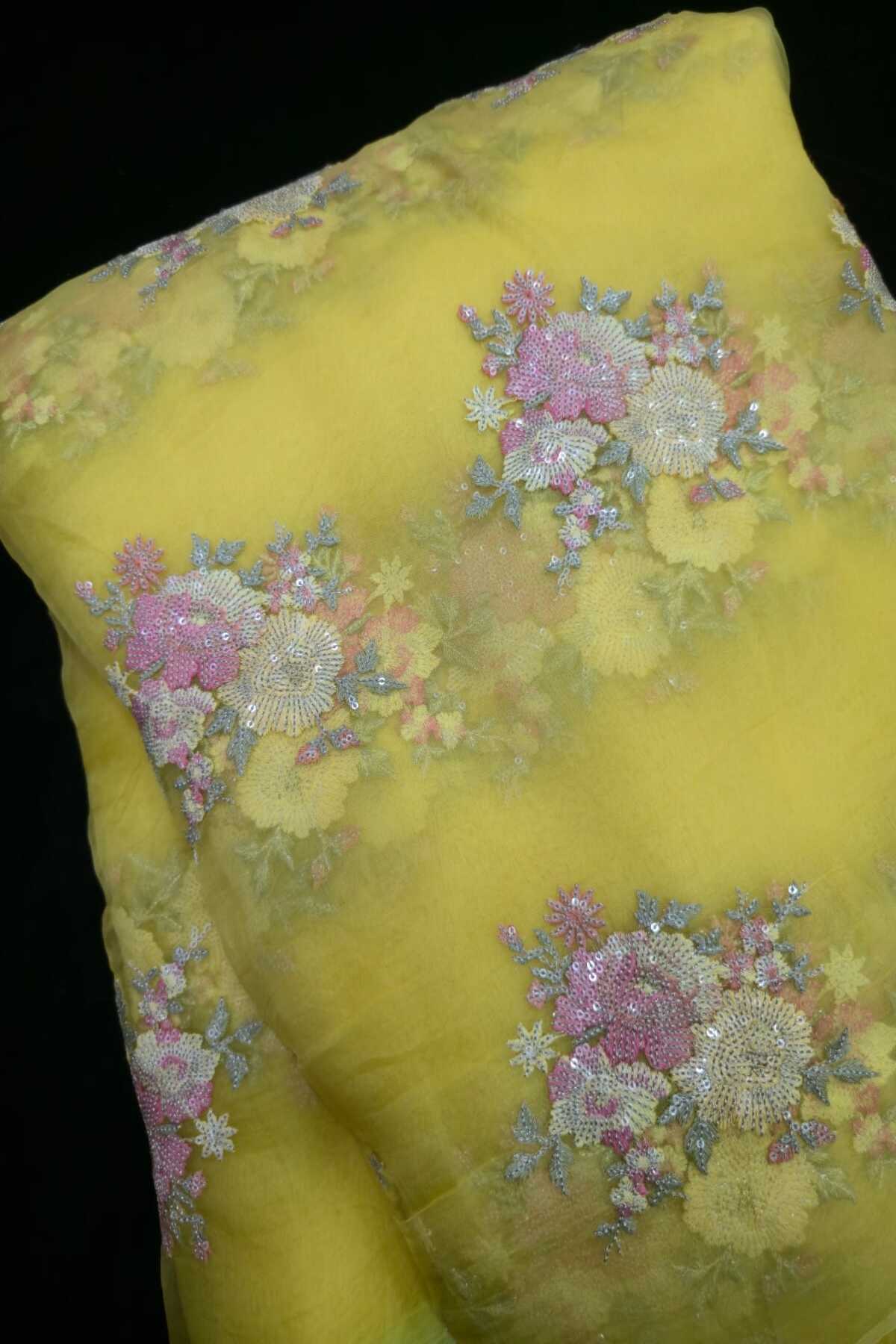 Sequin Trillium Floral Embroidered Pure Organza Fabric