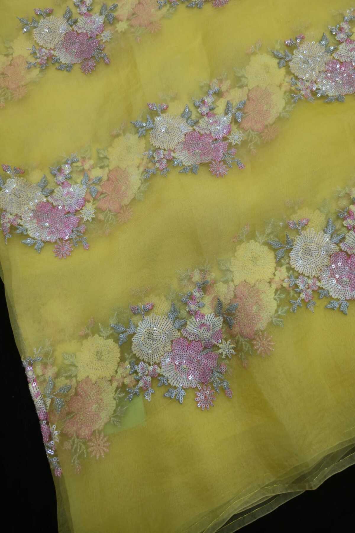 Sequin Trillium Floral Embroidered Pure Organza Fabric