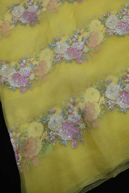 Sequin Trillium Floral Embroidered Pure Organza Fabric