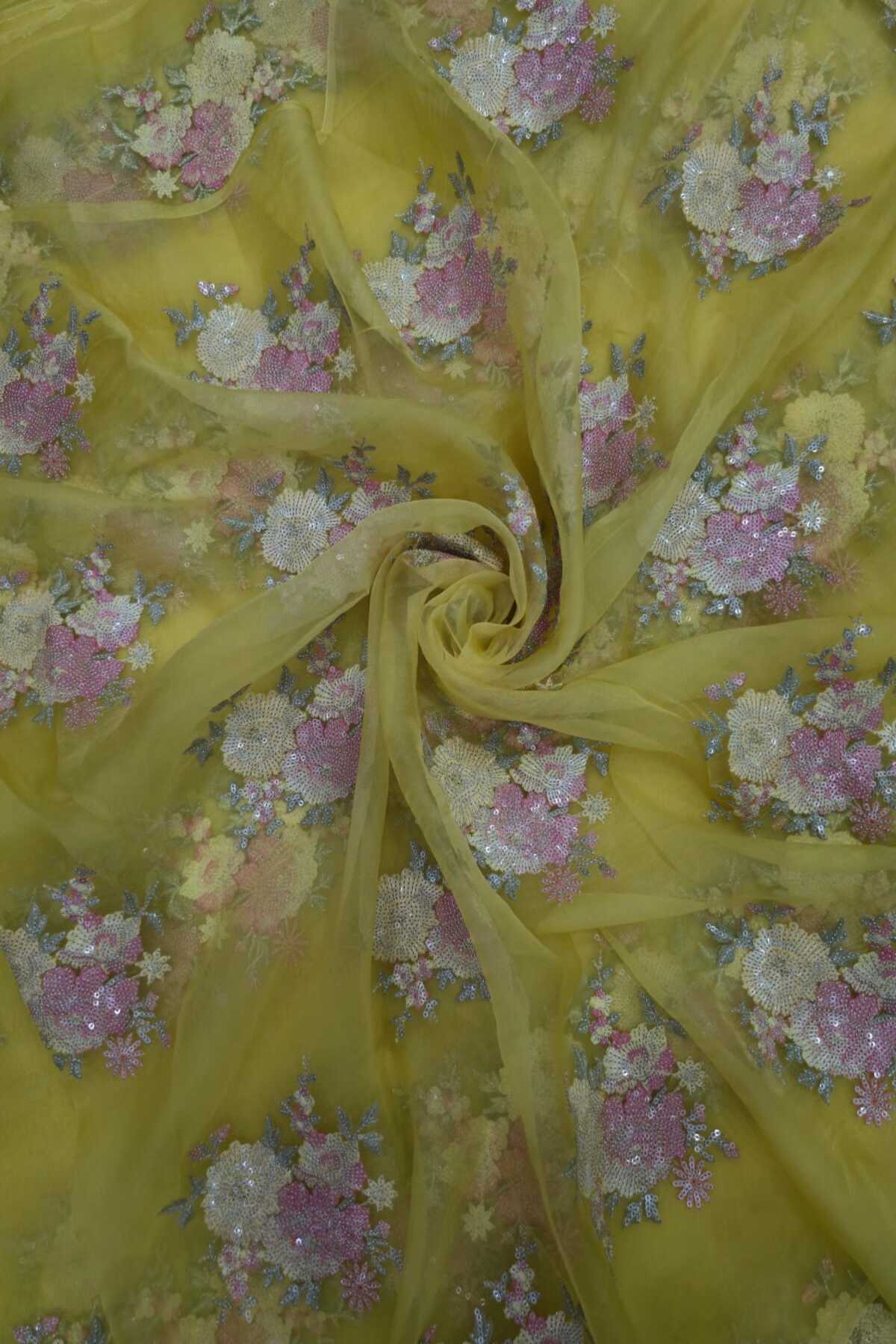 Sequin Trillium Floral Embroidered Pure Organza Fabric