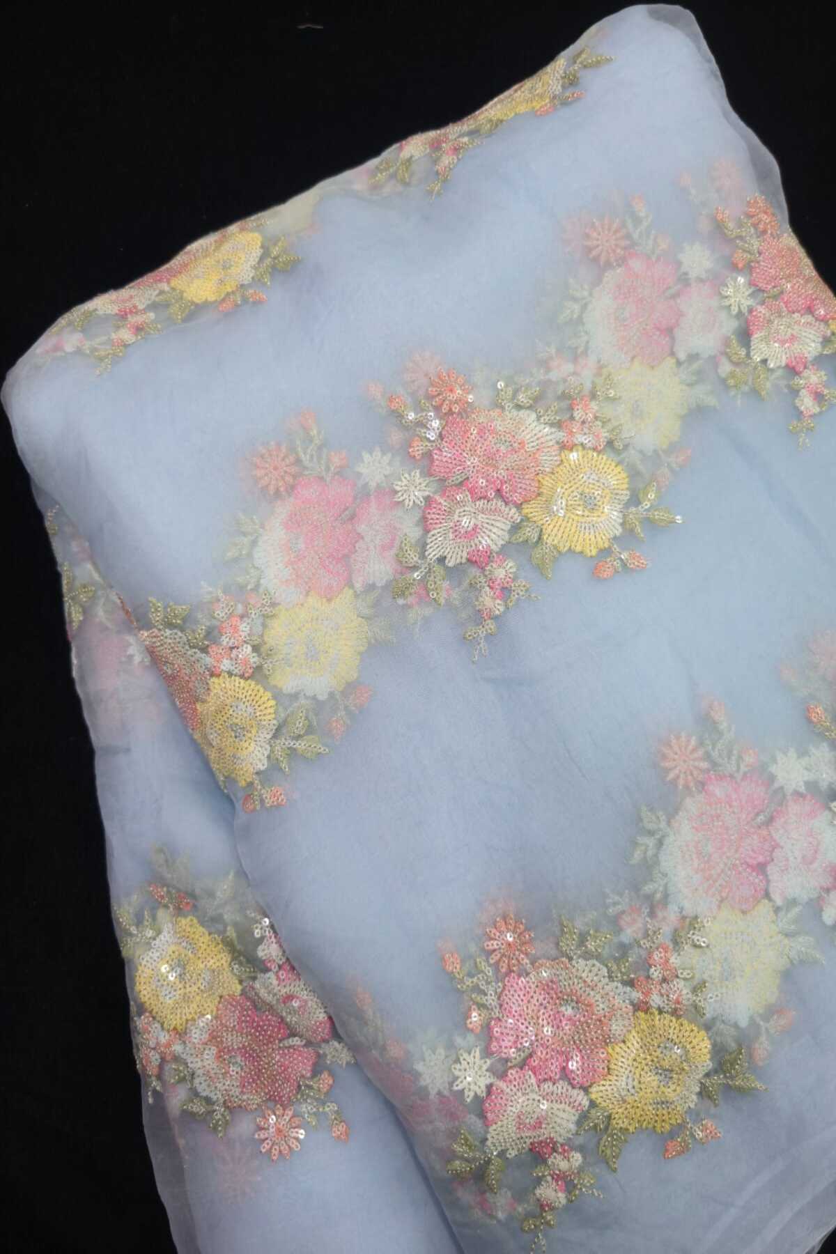 Sequin Trillium Floral Embroidered Pure Organza Fabric