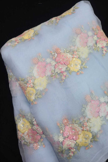 Sequin Trillium Floral Embroidered Pure Organza Fabric