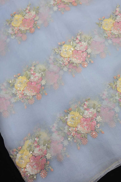 Sequin Trillium Floral Embroidered Pure Organza Fabric