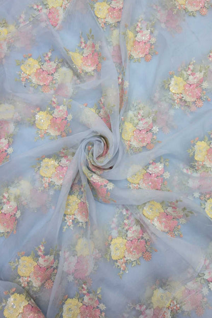 Sequin Trillium Floral Embroidered Pure Organza Fabric