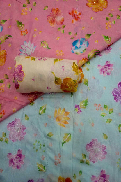 Shadow Floral Prints With Sequins Highlighted Viscose Muslin Zari Stripes Fabric
