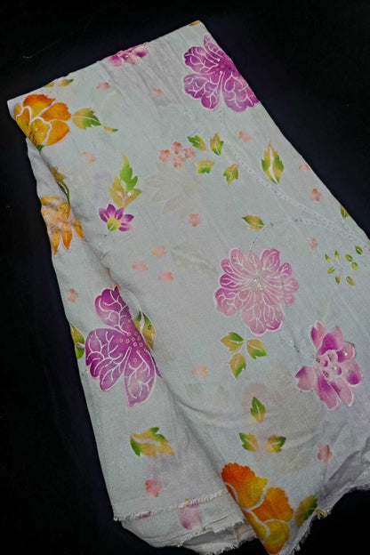 Shadow Floral Prints With Sequins Highlighted Viscose Muslin Zari Stripes Fabric