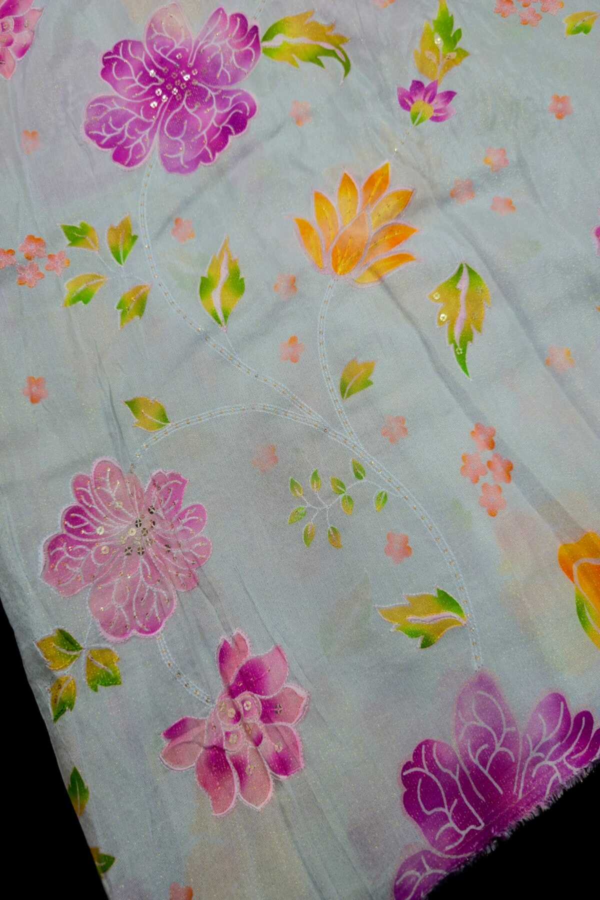 Shadow Floral Prints With Sequins Highlighted Viscose Muslin Zari Stripes Fabric