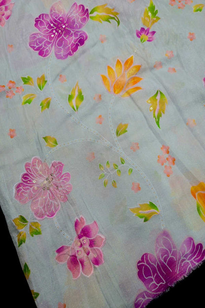 Shadow Floral Prints With Sequins Highlighted Viscose Muslin Zari Stripes Fabric