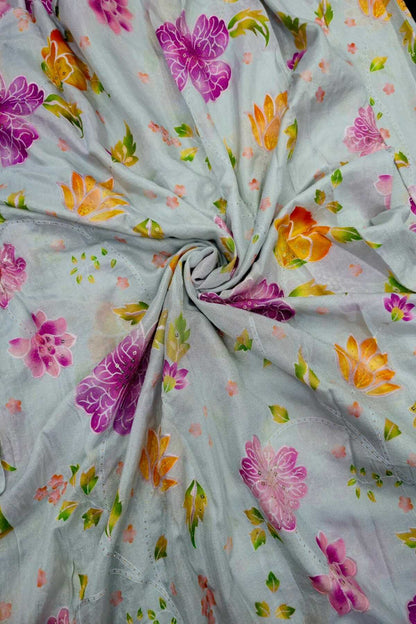 Shadow Floral Prints With Sequins Highlighted Viscose Muslin Zari Stripes Fabric