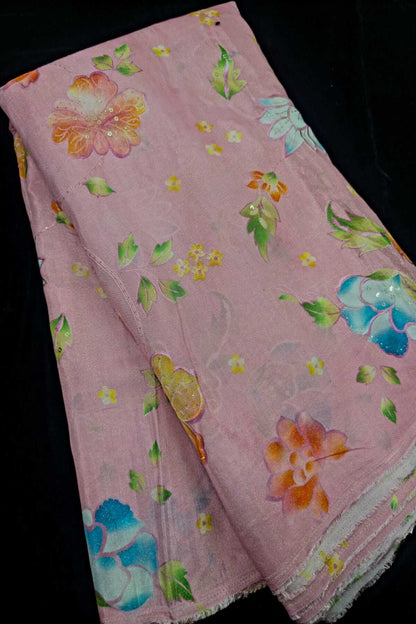 Shadow Floral Prints With Sequins Highlighted Viscose Muslin Zari Stripes Fabric